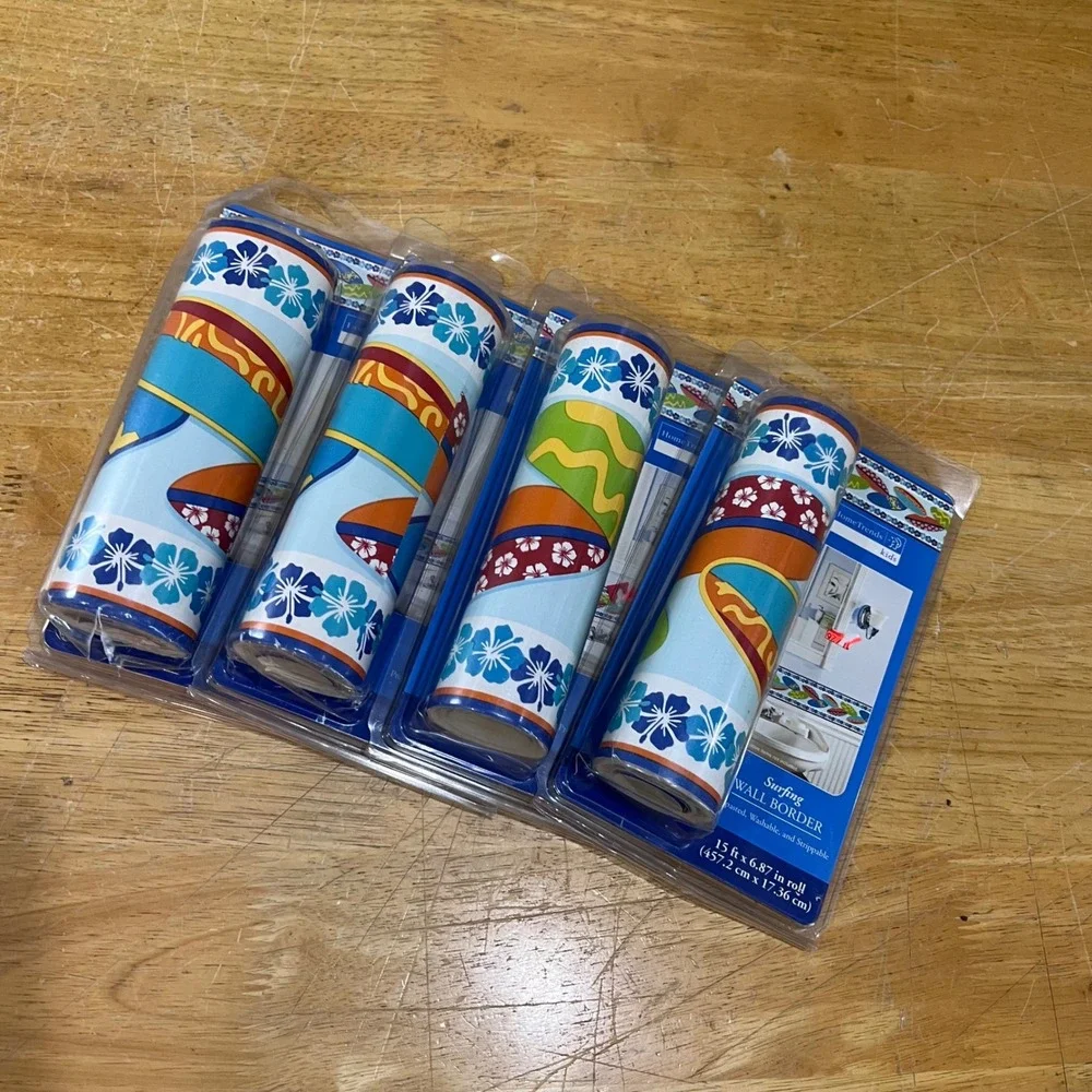 Lot of 4 HomeTrends Kids Surfing Wall‎ Border Blue Orange Tropical Surfboard Vtg